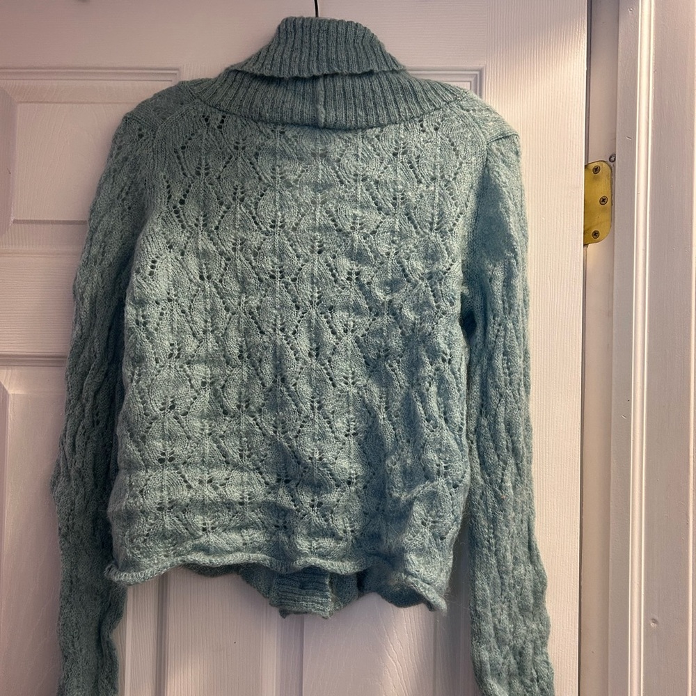 Ann Taylor Loft Cardigan Button Sweater Wool Mohair Scalloped Hem Blue Medium - Picture 4 of 4